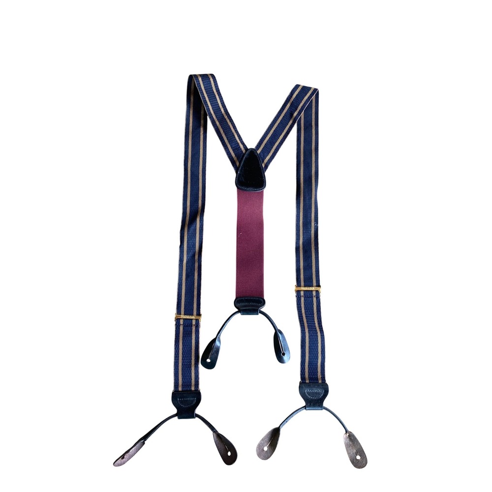 Trafalgar Ltd Mens Striped Y-Back Suspenders Leather Button Ends Navy Tan Gold